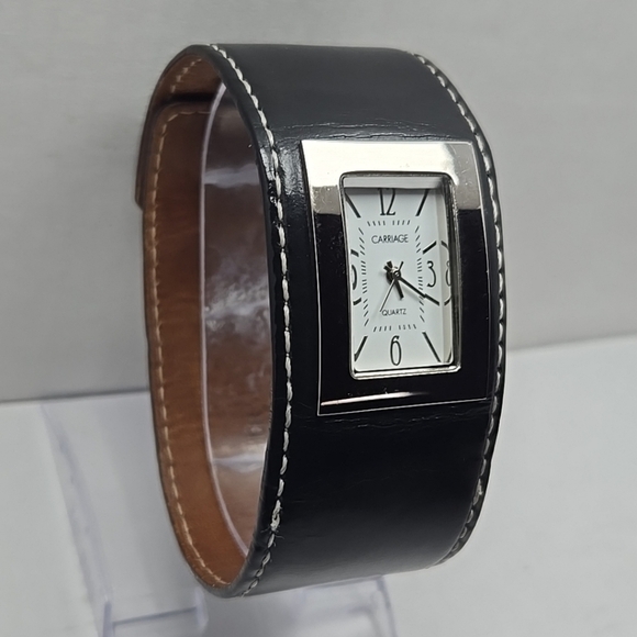 Womens Vintage Carriage Timex Black Leather Cuff Watch New Battery Silver Rare - Picture 3 of 11